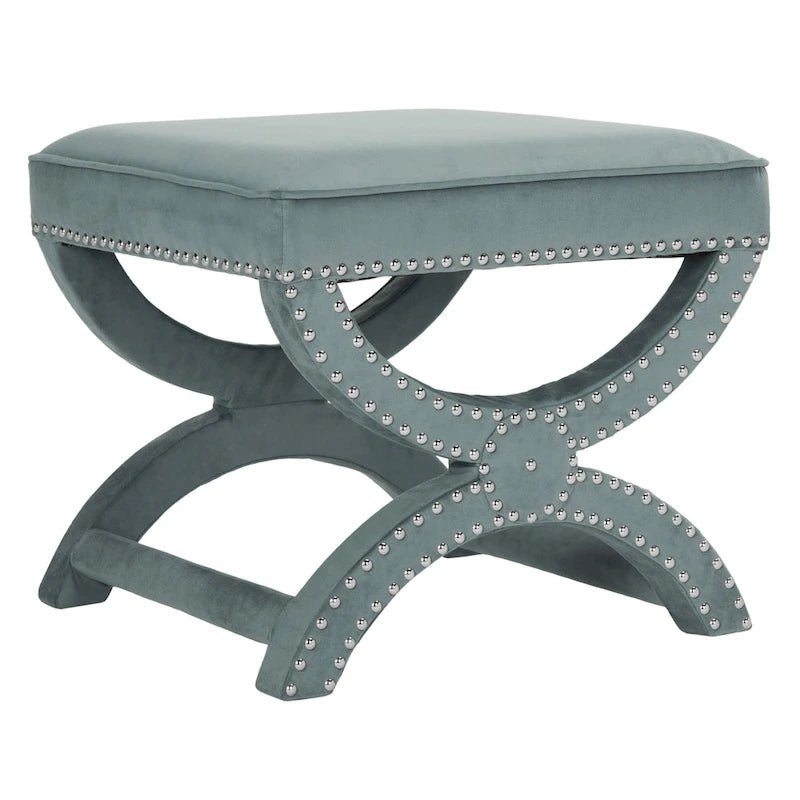 X-Frame Upholstered Ottoman in Taupe Linen with Silver Nailhead Trim – Modern Accent Bench