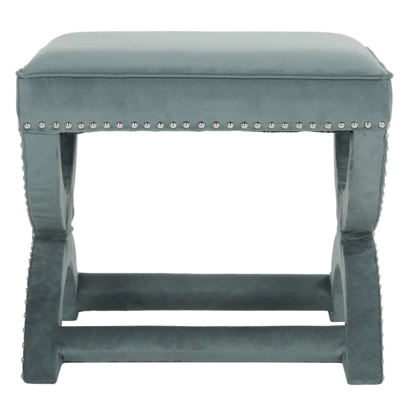 X-Frame Upholstered Ottoman in Taupe Linen with Silver Nailhead Trim – Modern Accent Bench