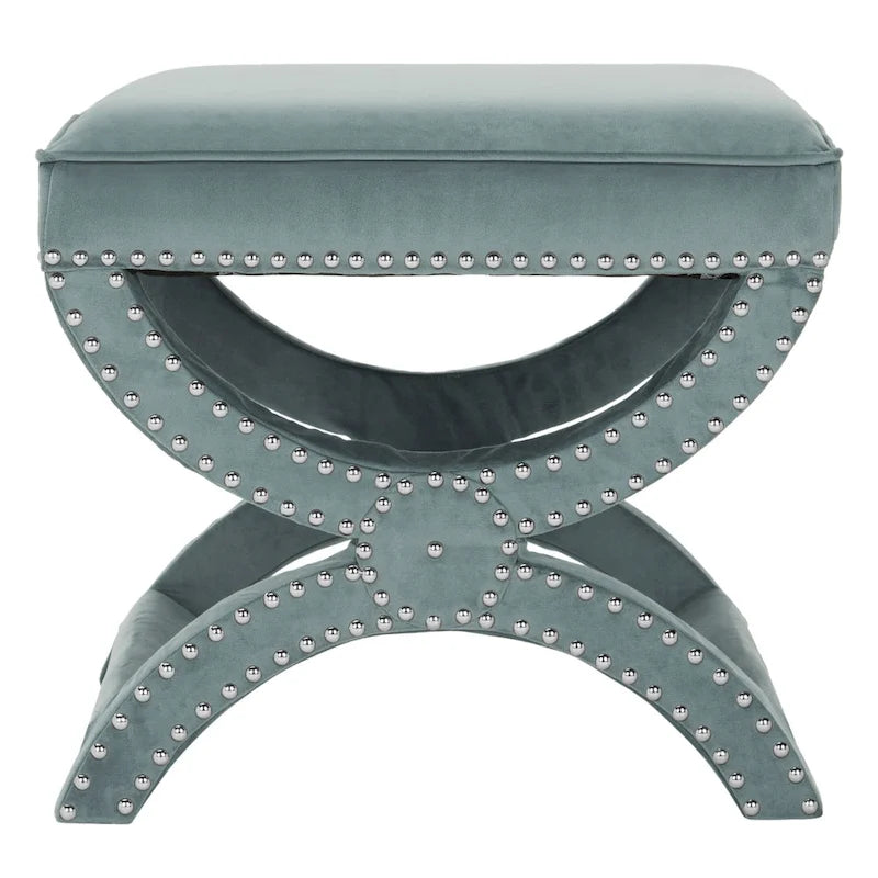 X-Frame Upholstered Ottoman in Taupe Linen with Silver Nailhead Trim – Modern Accent Bench