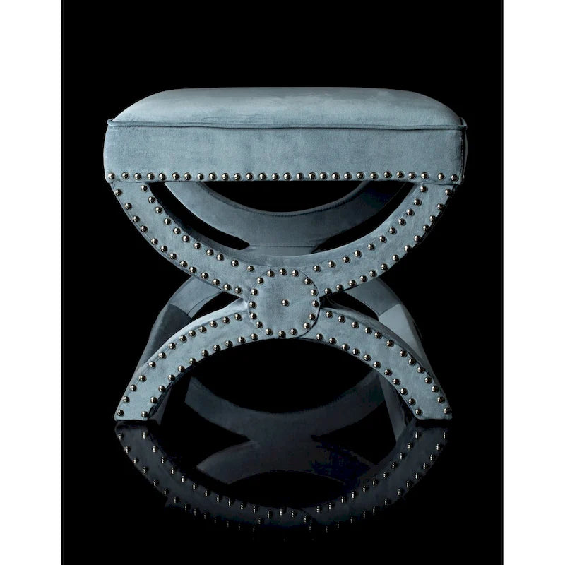 X-Frame Upholstered Ottoman in Taupe Linen with Silver Nailhead Trim – Modern Accent Bench