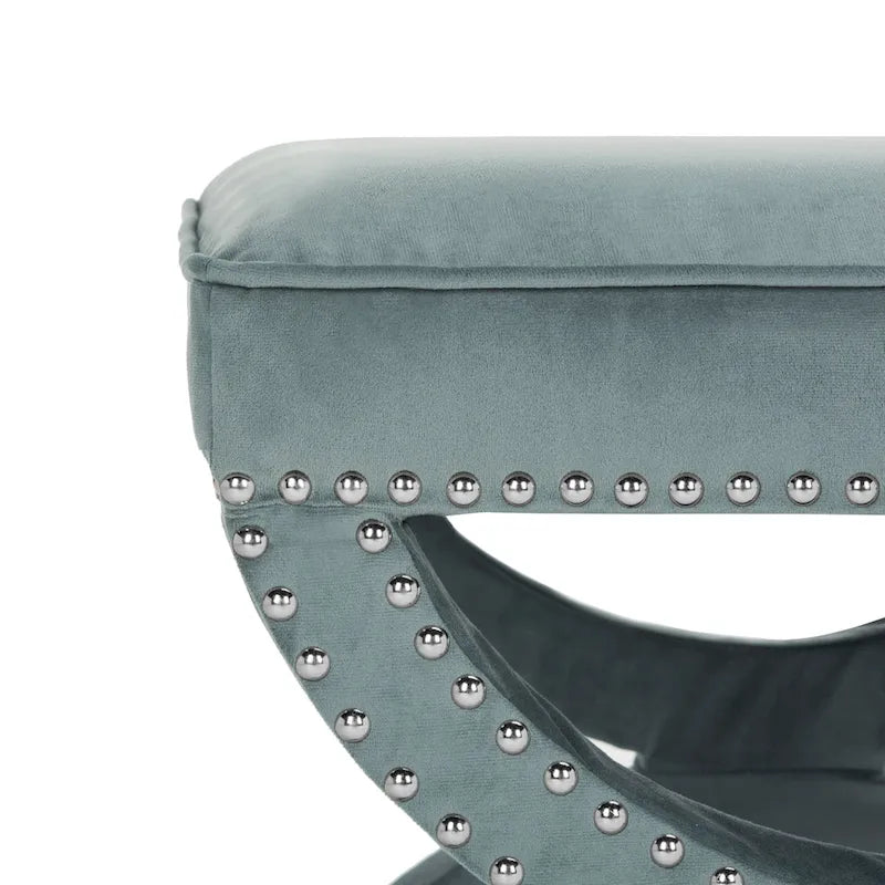 X-Frame Upholstered Ottoman in Taupe Linen with Silver Nailhead Trim – Modern Accent Bench