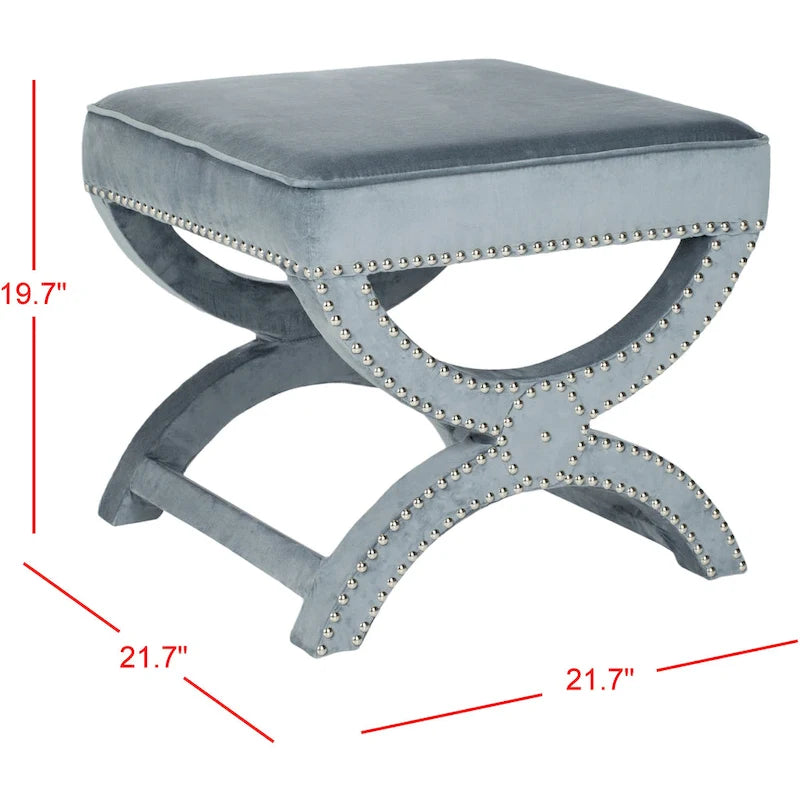 X-Frame Upholstered Ottoman in Taupe Linen with Silver Nailhead Trim – Modern Accent Bench