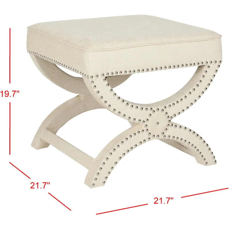X-Frame Upholstered Ottoman in Taupe Linen with Silver Nailhead Trim – Modern Accent Bench