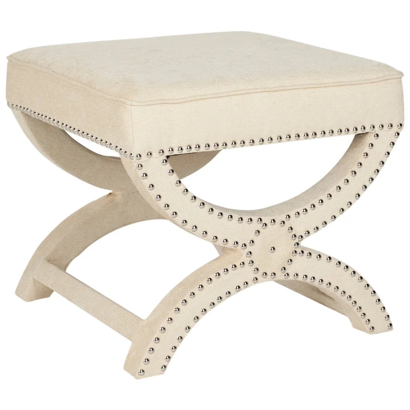 X-Frame Upholstered Ottoman in Taupe Linen with Silver Nailhead Trim – Modern Accent Bench