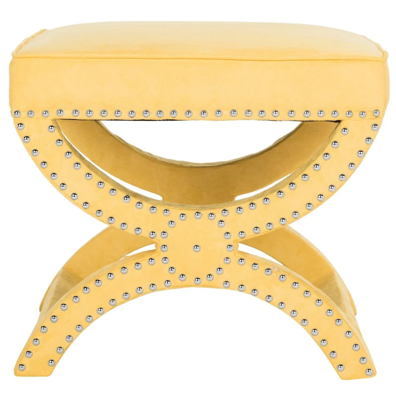 X-Frame Upholstered Ottoman in Taupe Linen with Silver Nailhead Trim – Modern Accent Bench