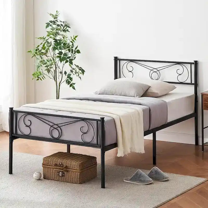 Upholstered Bed Frame with Vintage Pattern Headboard & Footboard – 800 lb Capacity, Multiple Sizes