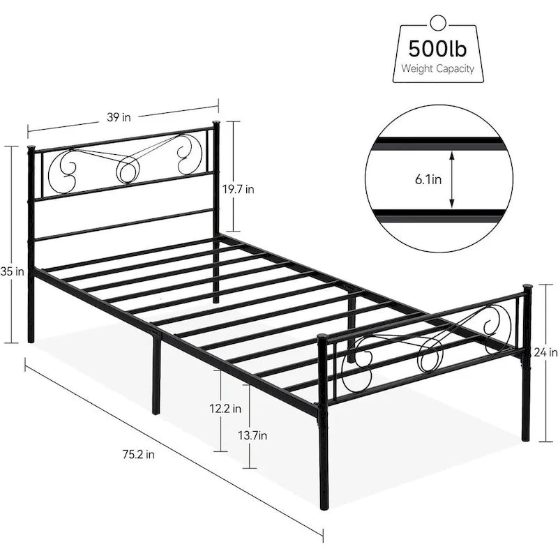 Upholstered Bed Frame with Vintage Pattern Headboard & Footboard – 800 lb Capacity, Multiple Sizes