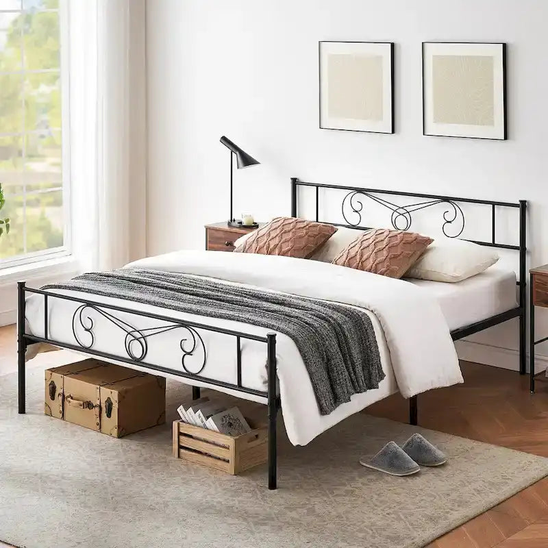 Upholstered Bed Frame with Vintage Pattern Headboard & Footboard – 800 lb Capacity, Multiple Sizes