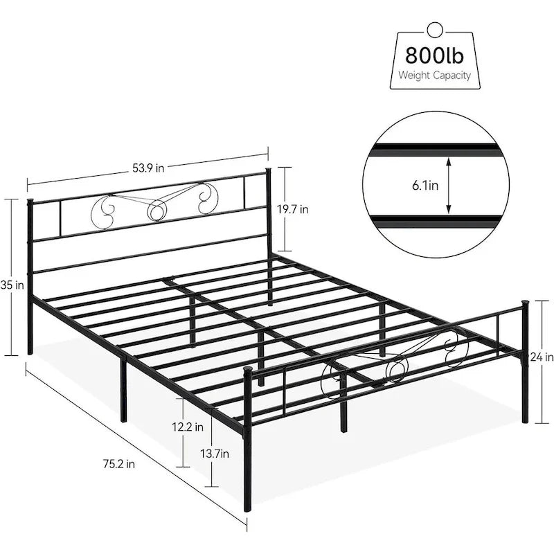 Upholstered Bed Frame with Vintage Pattern Headboard & Footboard – 800 lb Capacity, Multiple Sizes
