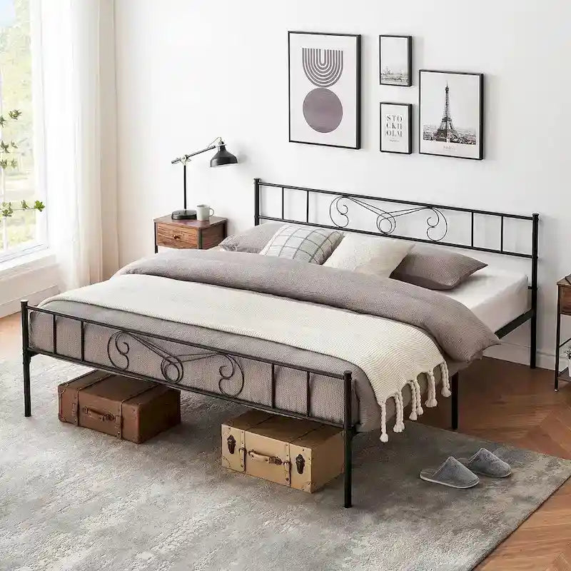 Upholstered Bed Frame with Vintage Pattern Headboard & Footboard – 800 lb Capacity, Multiple Sizes