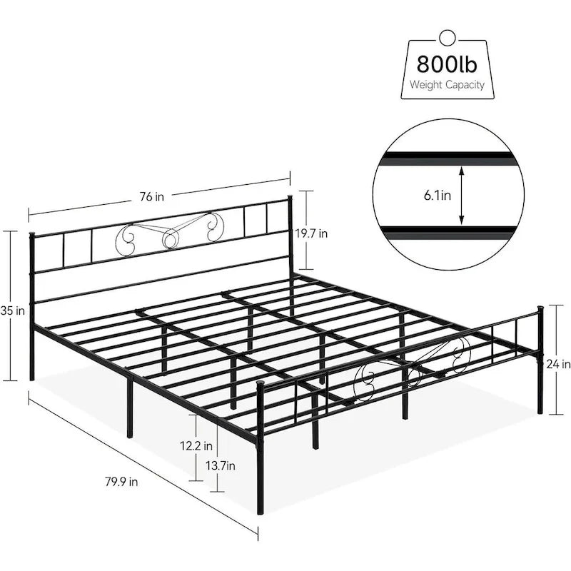Upholstered Bed Frame with Vintage Pattern Headboard & Footboard – 800 lb Capacity, Multiple Sizes