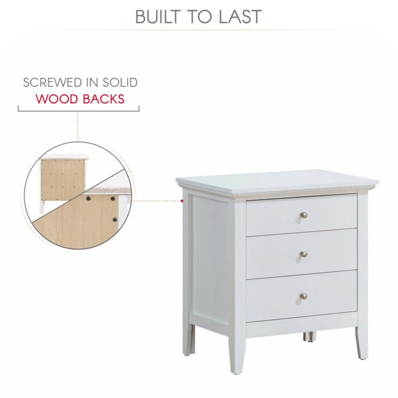 3-Drawer Nightstand in White – Real Wood Veneer, Dovetail Drawers, Metal Hardware, Fully Assembled