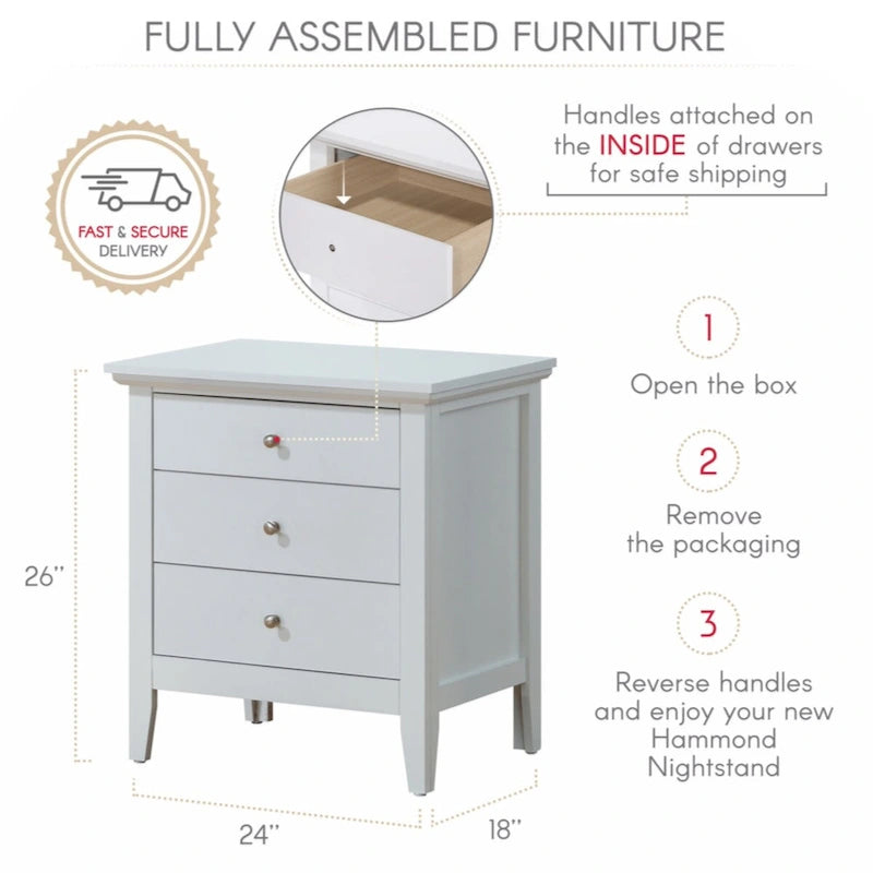 3-Drawer Nightstand in White – Real Wood Veneer, Dovetail Drawers, Metal Hardware, Fully Assembled