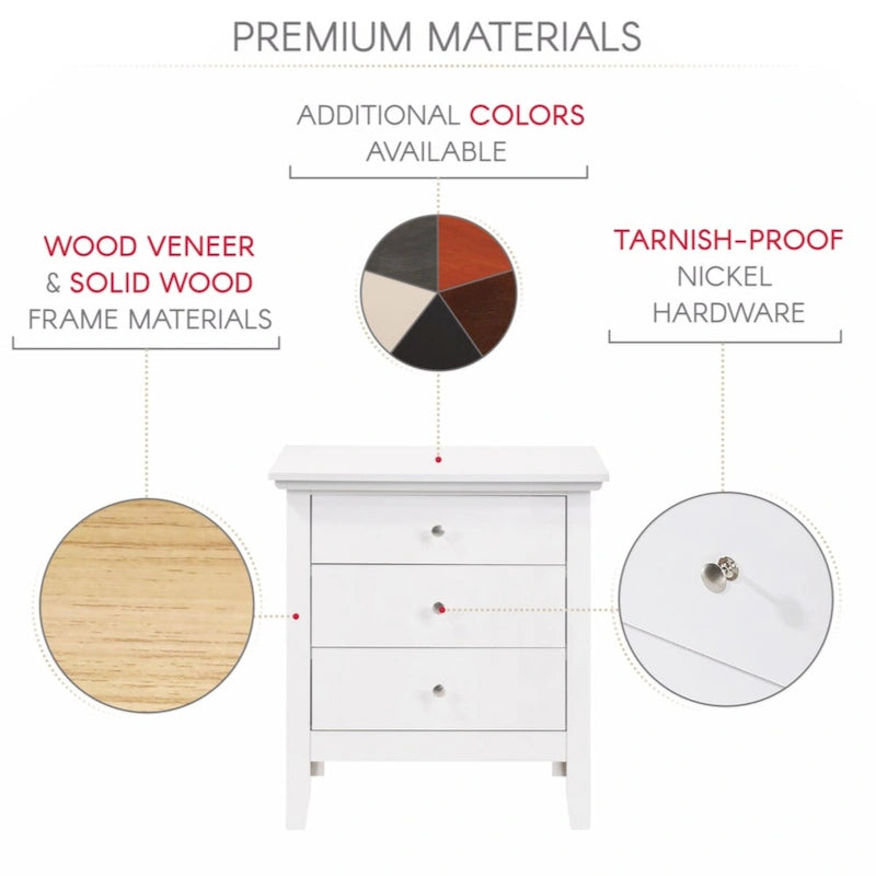 3-Drawer Nightstand in White – Real Wood Veneer, Dovetail Drawers, Metal Hardware, Fully Assembled