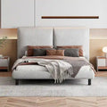Upholstered Platform Bed with Two Large Winged Headrests – Thick Fabric, Beige & Grey