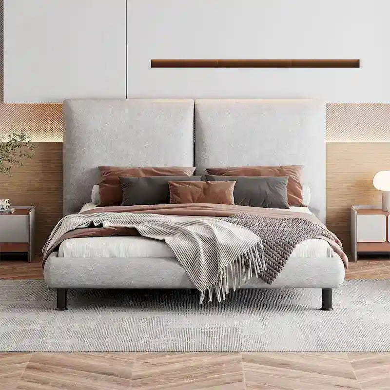 Upholstered Platform Bed with Two Large Winged Headrests – Thick Fabric, Beige & Grey