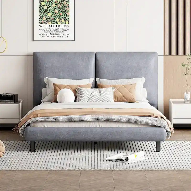 Upholstered Platform Bed with Two Large Winged Headrests – Thick Fabric, Beige & Grey