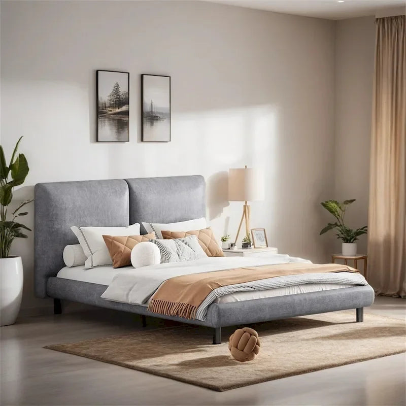 Upholstered Platform Bed with Two Large Winged Headrests – Thick Fabric, Beige & Grey