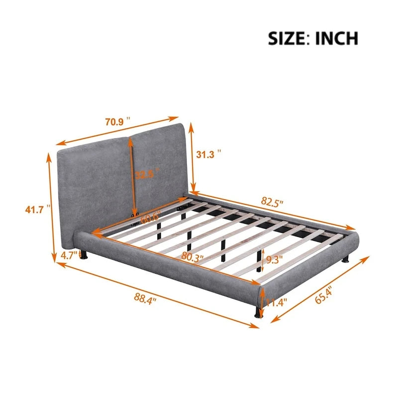 Upholstered Platform Bed with Two Large Winged Headrests – Thick Fabric, Beige & Grey
