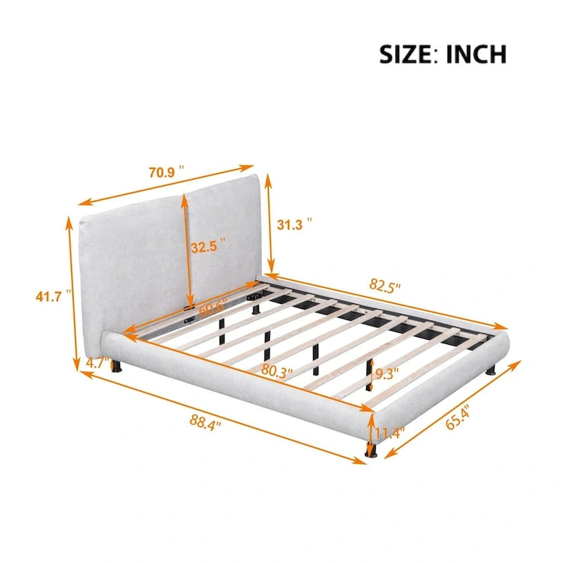 Upholstered Platform Bed with Two Large Winged Headrests – Thick Fabric, Beige & Grey