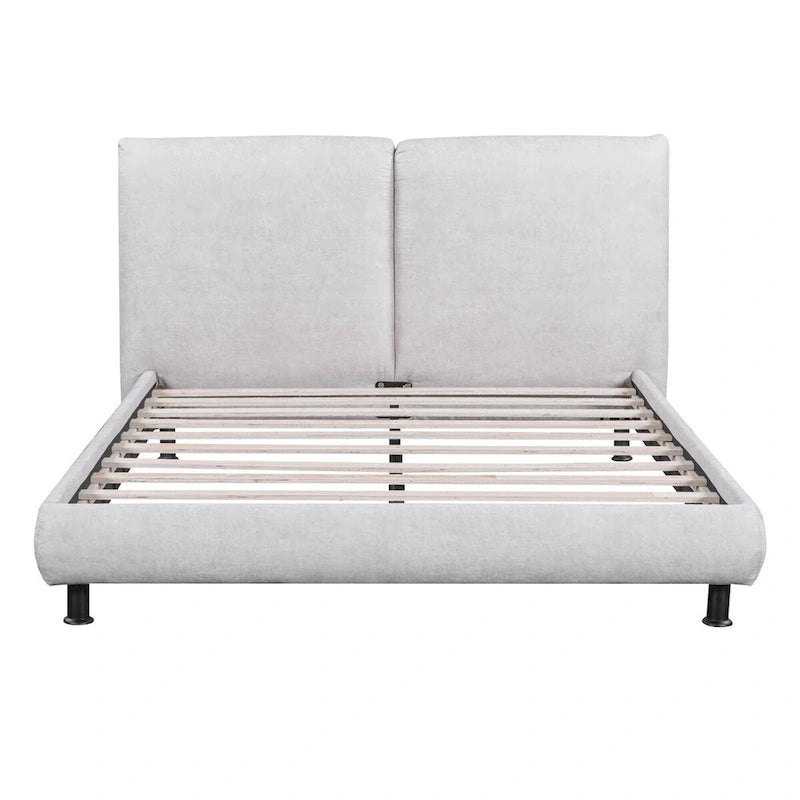 Upholstered Platform Bed with Two Large Winged Headrests – Thick Fabric, Beige & Grey