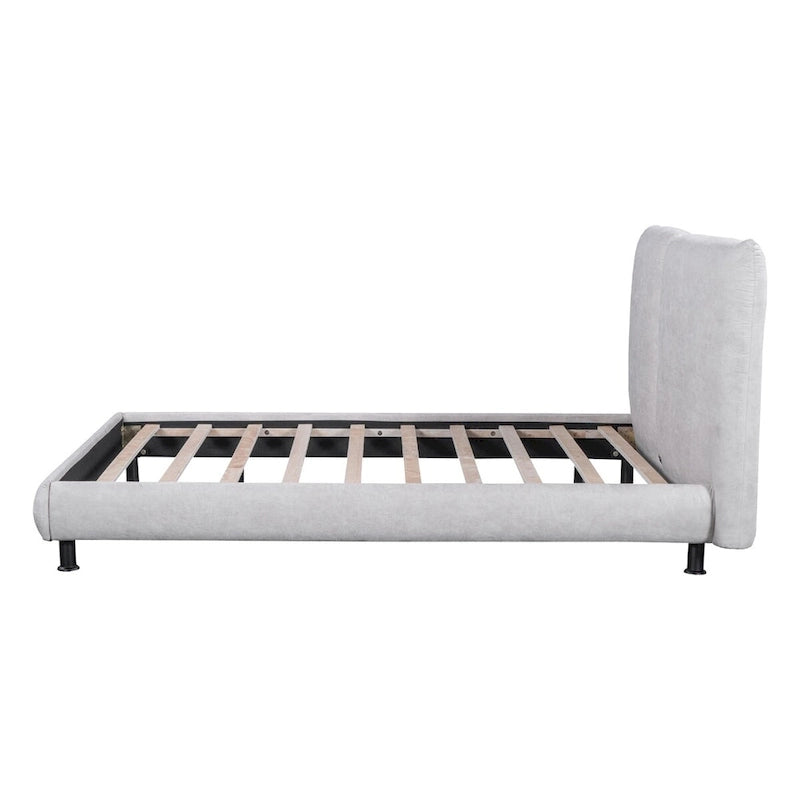 Upholstered Platform Bed with Two Large Winged Headrests – Thick Fabric, Beige & Grey