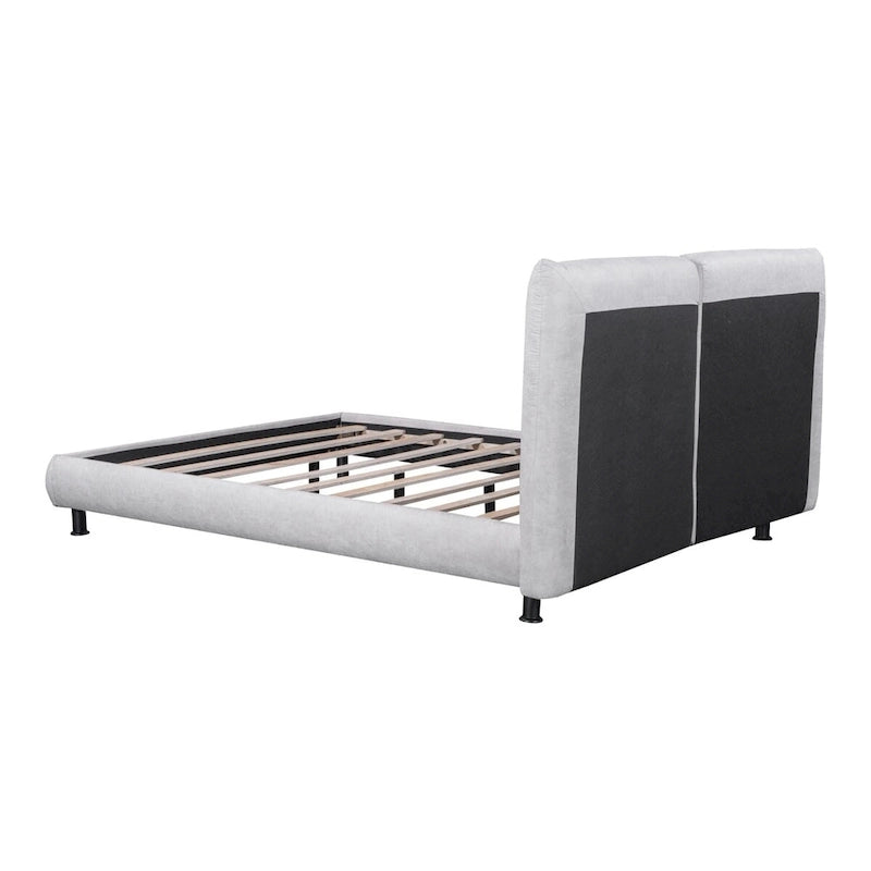 Upholstered Platform Bed with Two Large Winged Headrests – Thick Fabric, Beige & Grey