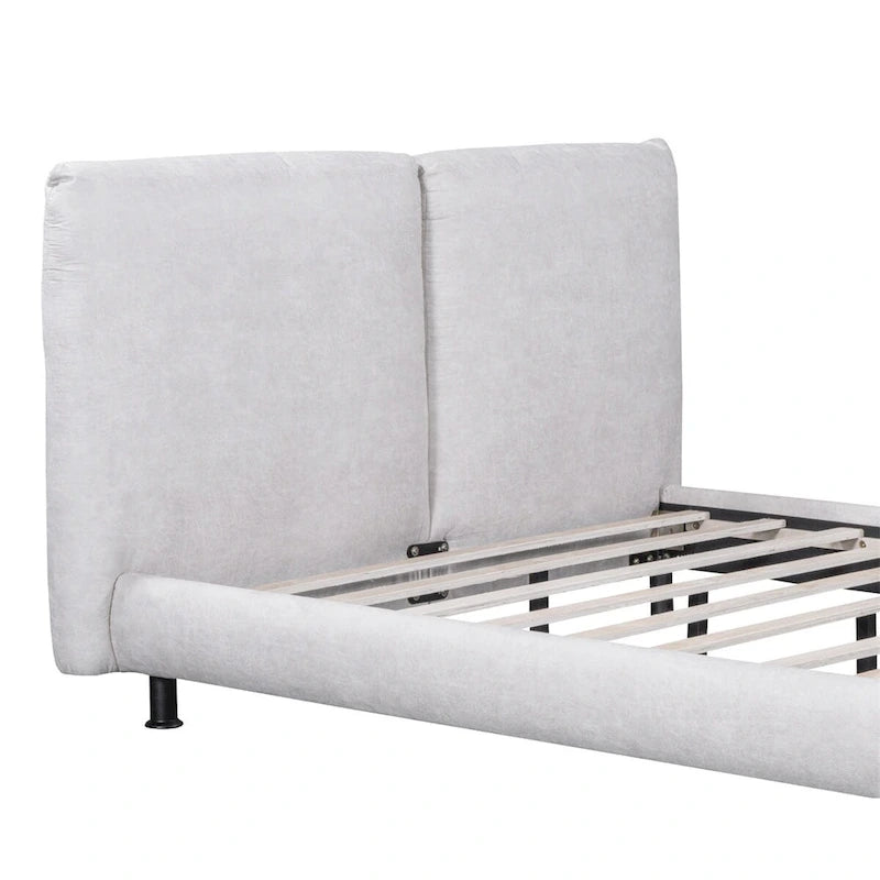 Upholstered Platform Bed with Two Large Winged Headrests – Thick Fabric, Beige & Grey