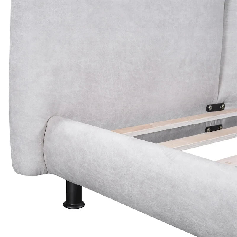 Upholstered Platform Bed with Two Large Winged Headrests – Thick Fabric, Beige & Grey