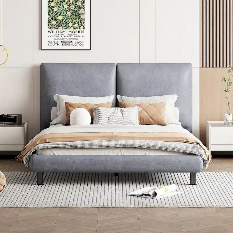 Upholstered Platform Bed with Two Large Winged Headrests – Thick Fabric, Beige & Grey