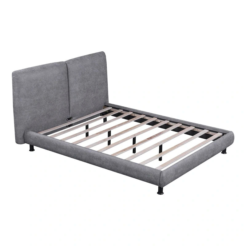 Upholstered Platform Bed with Two Large Winged Headrests – Thick Fabric, Beige & Grey