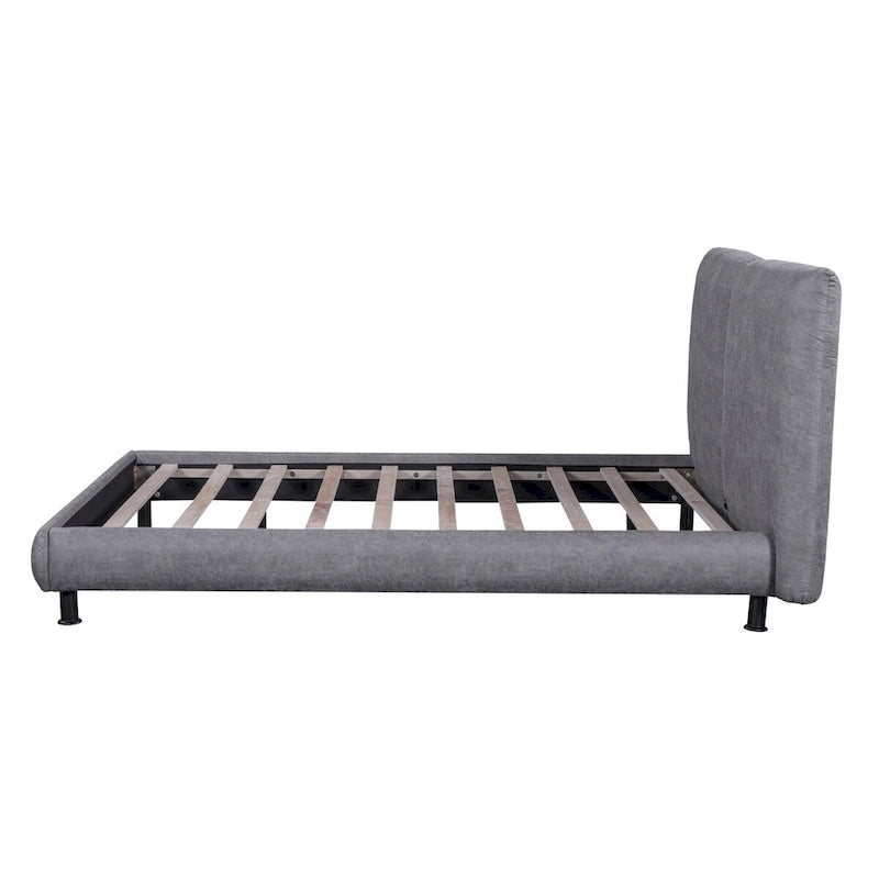 Upholstered Platform Bed with Two Large Winged Headrests – Thick Fabric, Beige & Grey