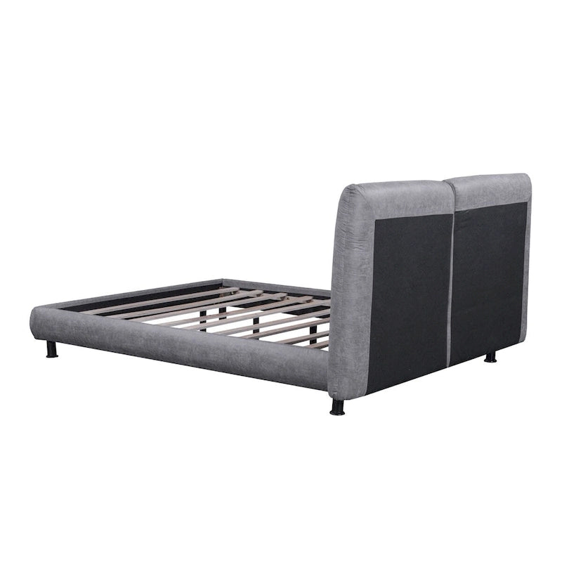 Upholstered Platform Bed with Two Large Winged Headrests – Thick Fabric, Beige & Grey