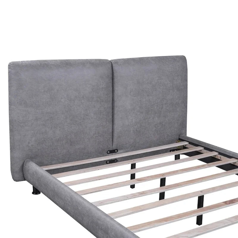 Upholstered Platform Bed with Two Large Winged Headrests – Thick Fabric, Beige & Grey