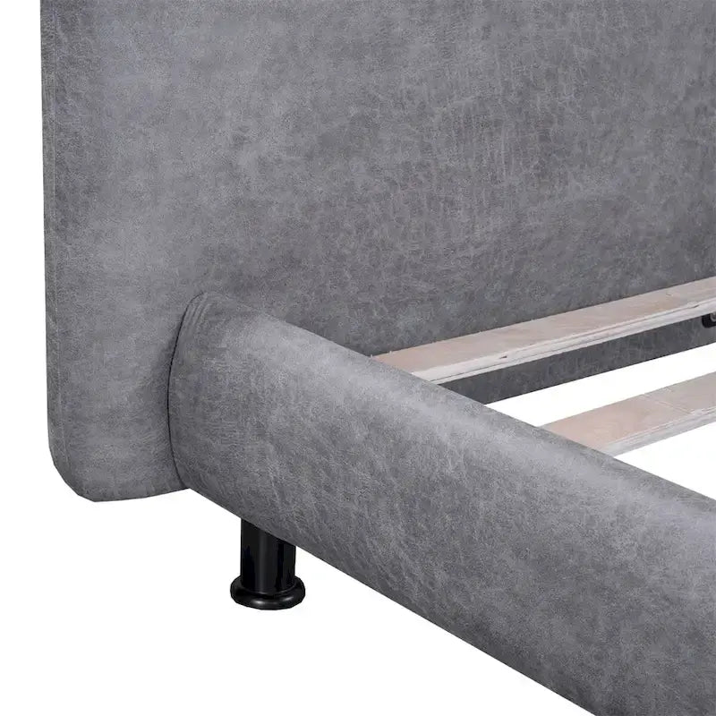 Upholstered Platform Bed with Two Large Winged Headrests – Thick Fabric, Beige & Grey
