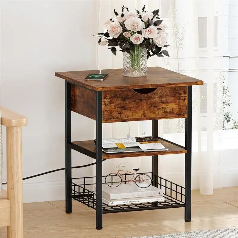 Industrial Nightstand with USB & AC Charging Ports, Flip-Top Hidden Storage – Rustic Brown