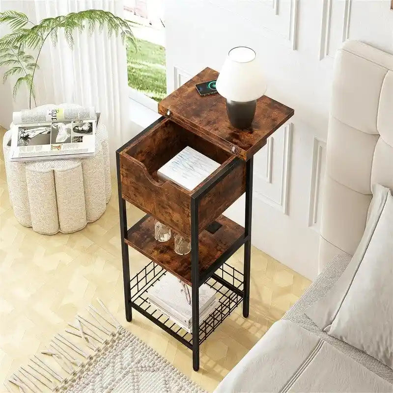 Industrial Nightstand with USB & AC Charging Ports, Flip-Top Hidden Storage – Rustic Brown
