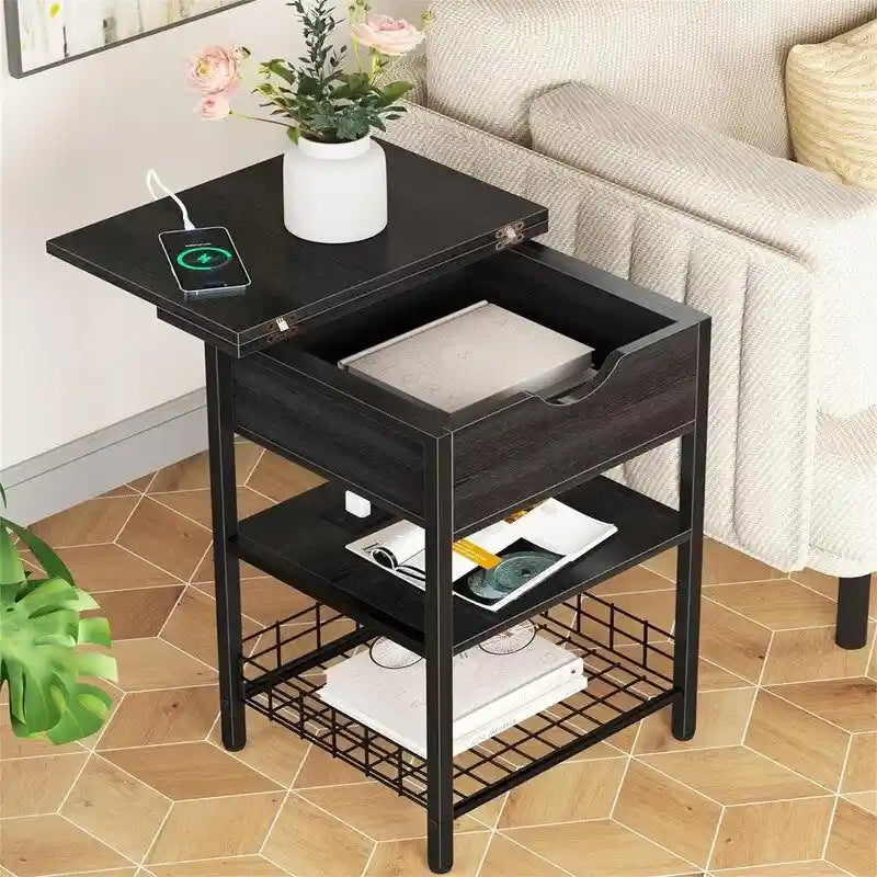 Industrial Nightstand with USB & AC Charging Ports, Flip-Top Hidden Storage – Rustic Brown