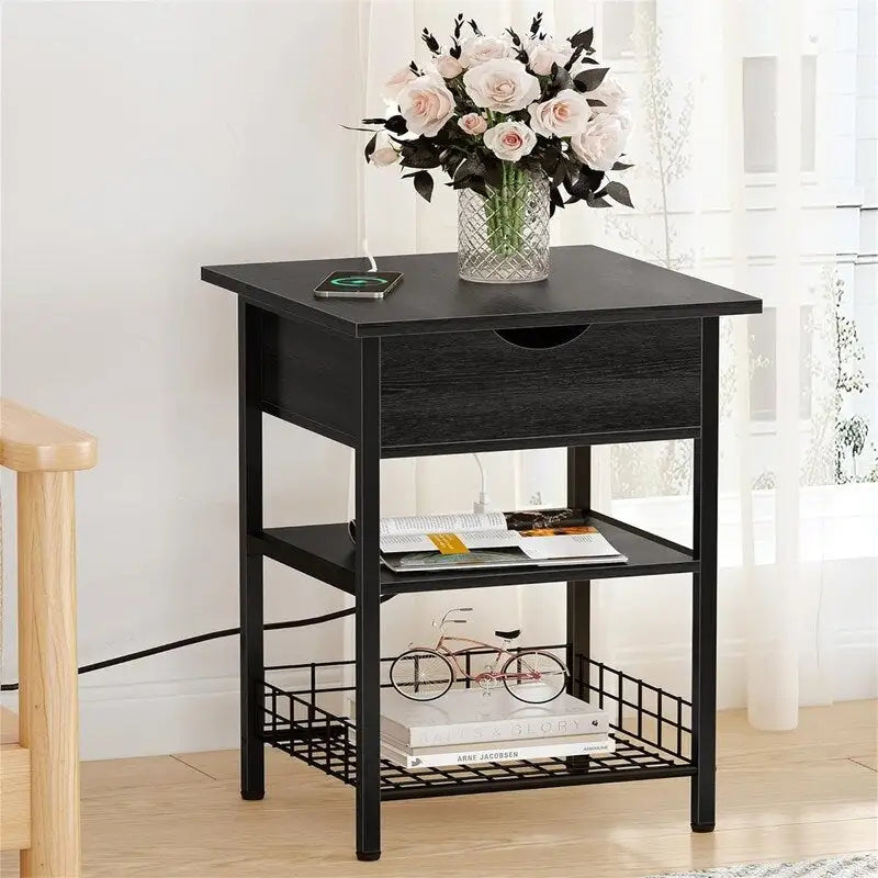 Industrial Nightstand with USB & AC Charging Ports, Flip-Top Hidden Storage – Rustic Brown