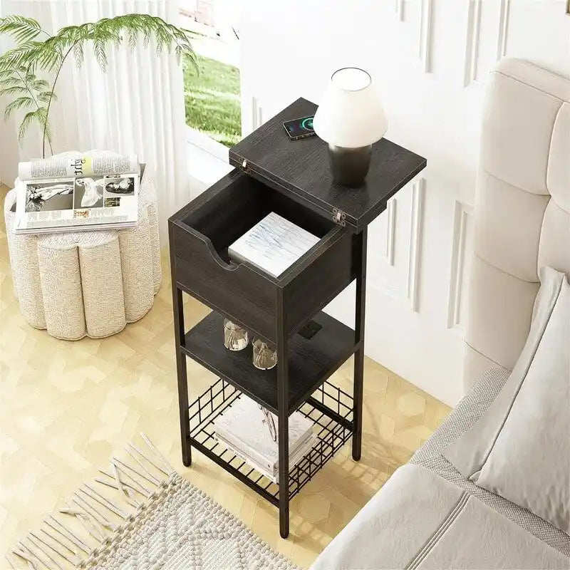 Industrial Nightstand with USB & AC Charging Ports, Flip-Top Hidden Storage – Rustic Brown