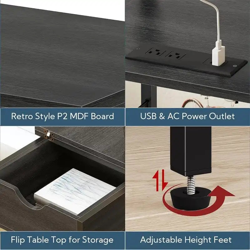 Industrial Nightstand with USB & AC Charging Ports, Flip-Top Hidden Storage – Rustic Brown