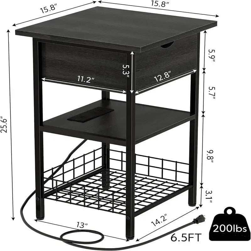 Industrial Nightstand with USB & AC Charging Ports, Flip-Top Hidden Storage – Rustic Brown