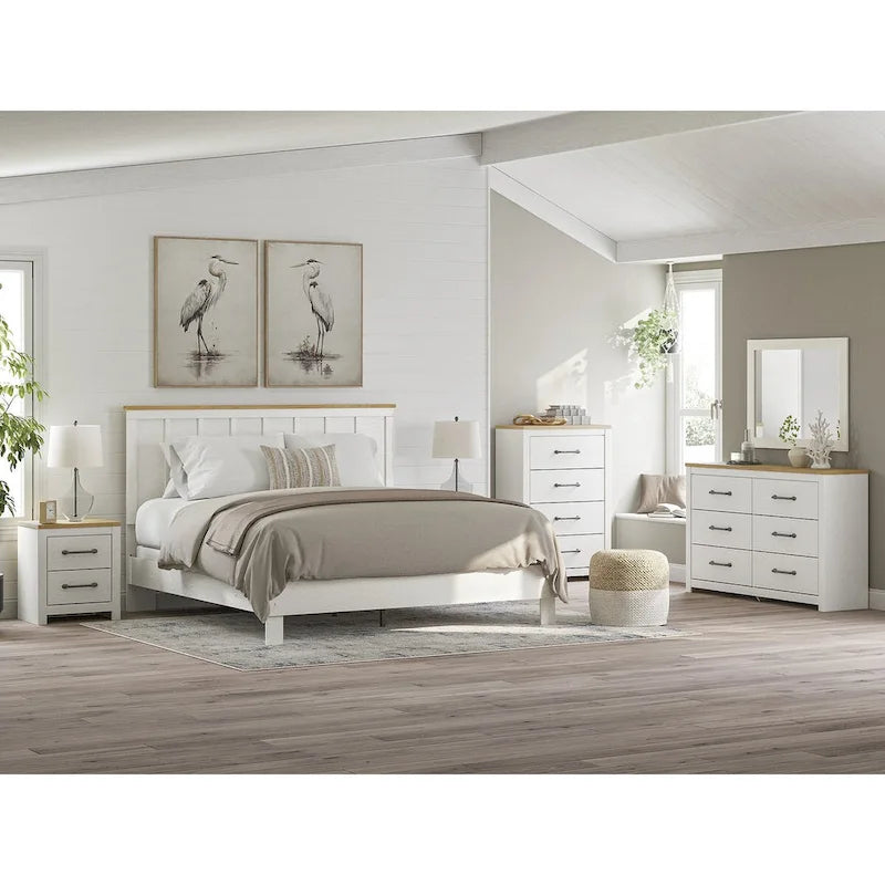 Farmhouse Panel Headboard – White & Natural Wood Two-Tone, Shiplap-Style Panels