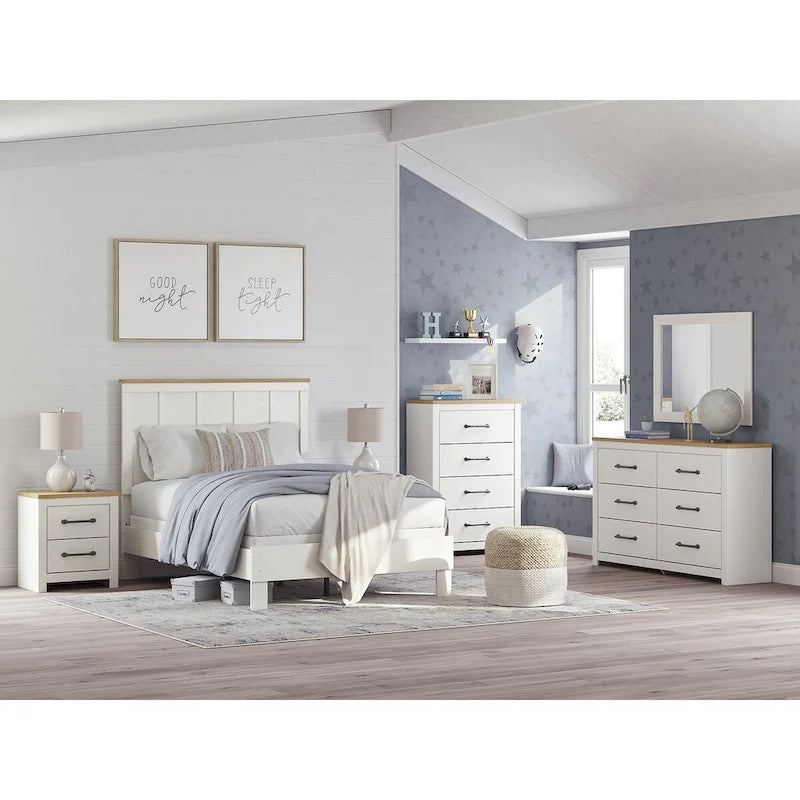 Farmhouse Panel Headboard – White & Natural Wood Two-Tone, Shiplap-Style Panels