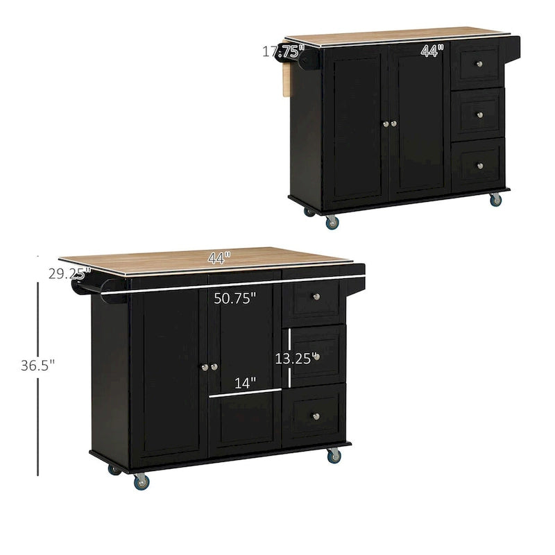 Mobile Kitchen Island with Drop-Leaf Extension, Multiple Drawers & Locking Wheels