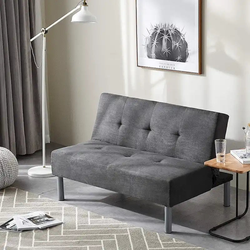 Mini Futon Sofa Bed with Steel Frame – Compact Dorm & Small Space Sleeper, Grey