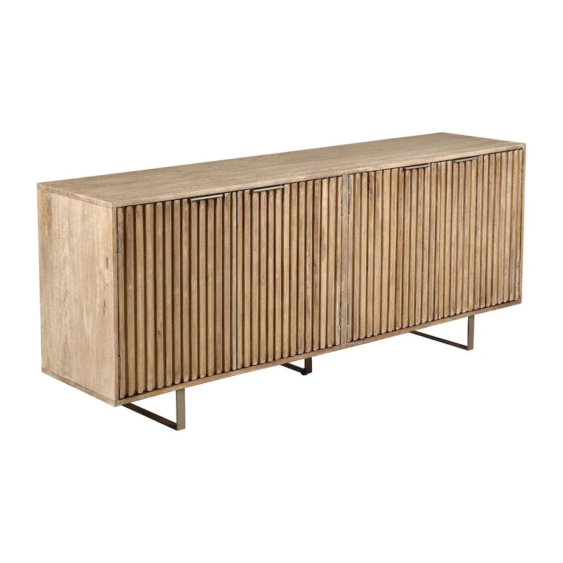 72" Mid-Century Modern Sideboard in Channeled Mango Wood – Natural Finish, Metal Legs