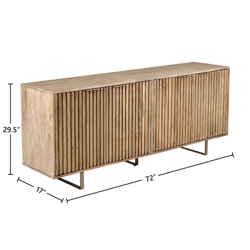 72" Mid-Century Modern Sideboard in Channeled Mango Wood – Natural Finish, Metal Legs