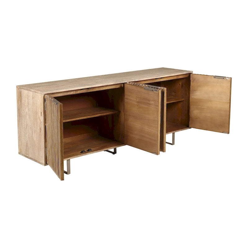 72" Mid-Century Modern Sideboard in Channeled Mango Wood – Natural Finish, Metal Legs