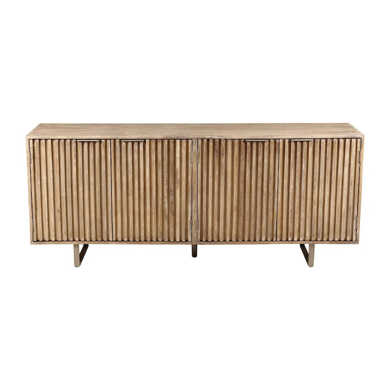 72" Mid-Century Modern Sideboard in Channeled Mango Wood – Natural Finish, Metal Legs